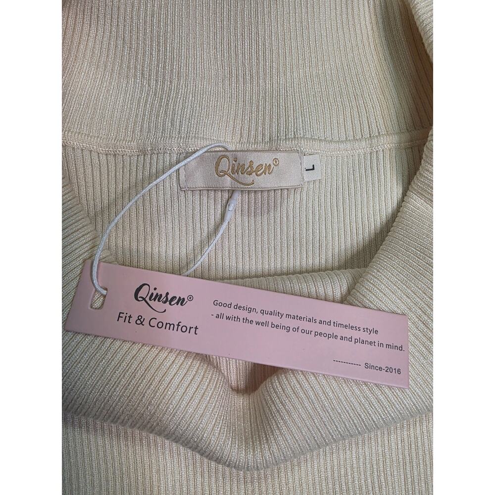 Qinsen Womens L Dress Cream Ribbed Knit Off Shoulder Long Sleeve Bodycon NWT - Picture 5 of 6